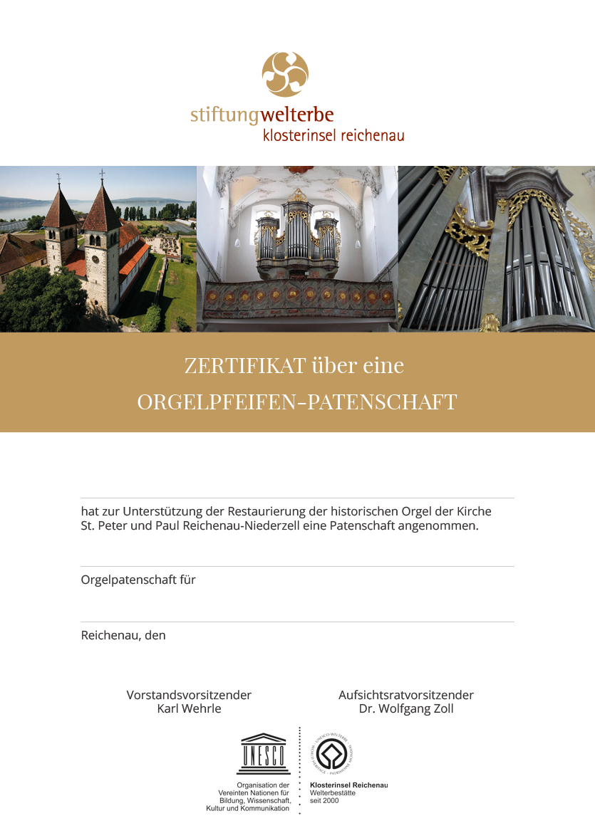 Orgelpfeifen-Pate-Zertifikat